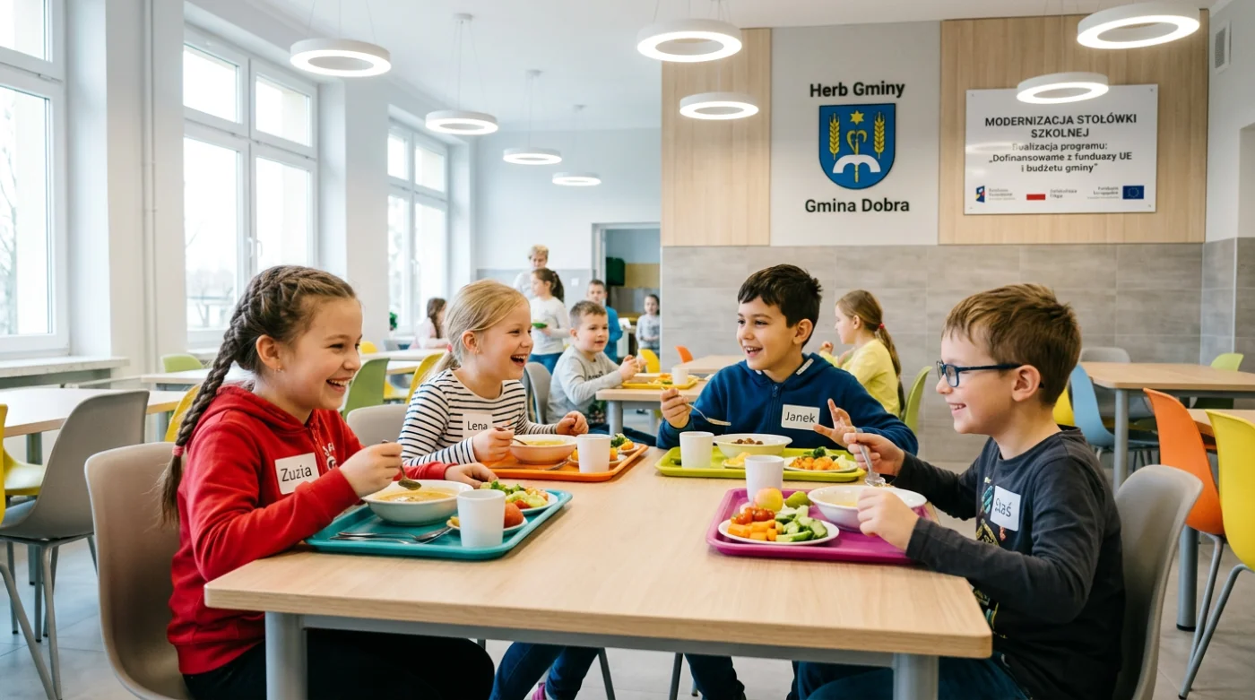 Grupa uśmiechniętych dzieci siedzących przy nowych stołach w jasnej i nowocześnie wyposażonej stołówce szkolnej.