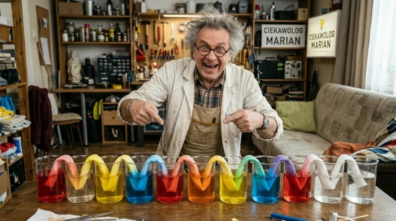Ciekawolog prezentuje kolorowe naczynia z płynem w laboratorium, ilustrując eksperyment chemiczny lub fizyczny.
