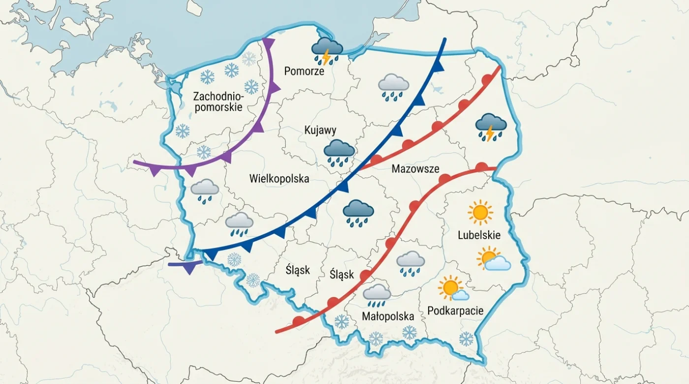 Mapa Polski z kolorowymi liniami i symbolami przedstawiającymi przewidywane fronty pogodowe na nadchodzący okres.