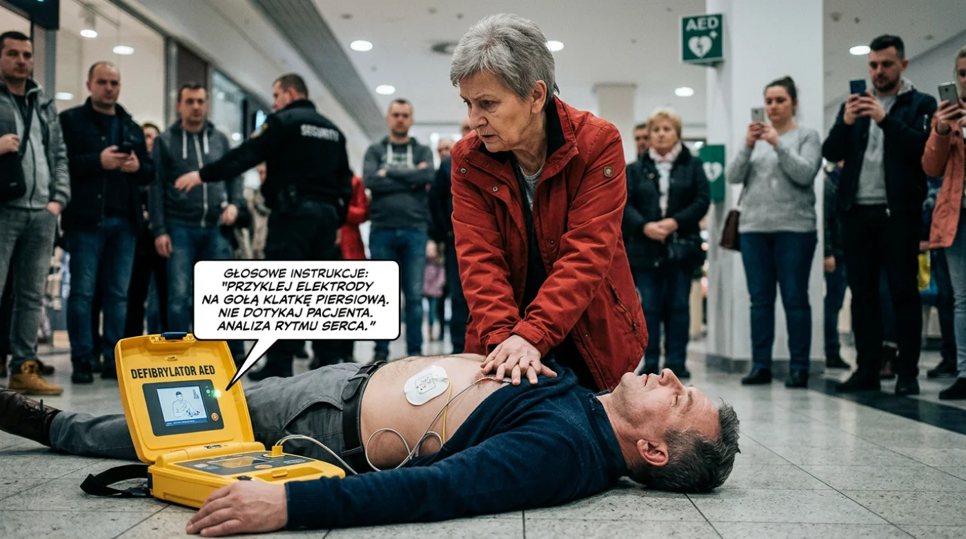 Osoba używa defibrylatora AED na poszkodowanym leżącym na podłodze; widoczny jest operator z poważną miną, który nadzoruje procedurę ratunkową.