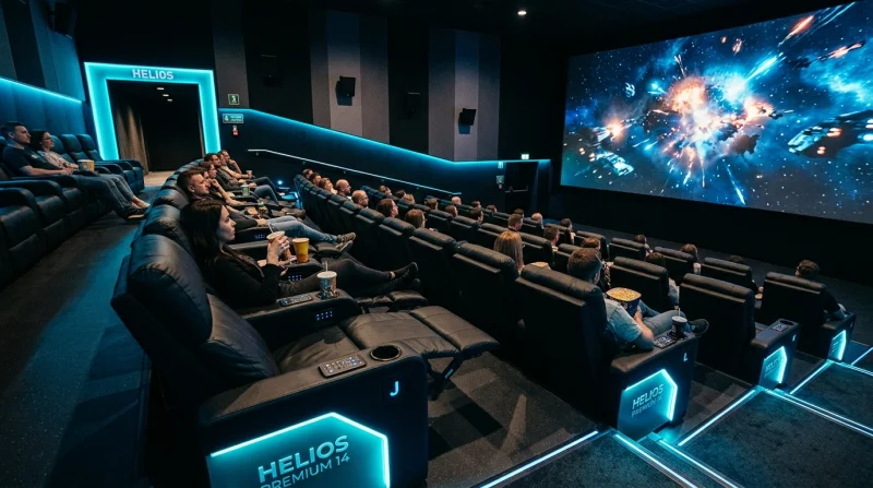 Widok na nowoczesną salę kinową Helios Premium 14 z rzędami foteli i dużym ekranem wyświetlającym dynamiczną scenę filmową.