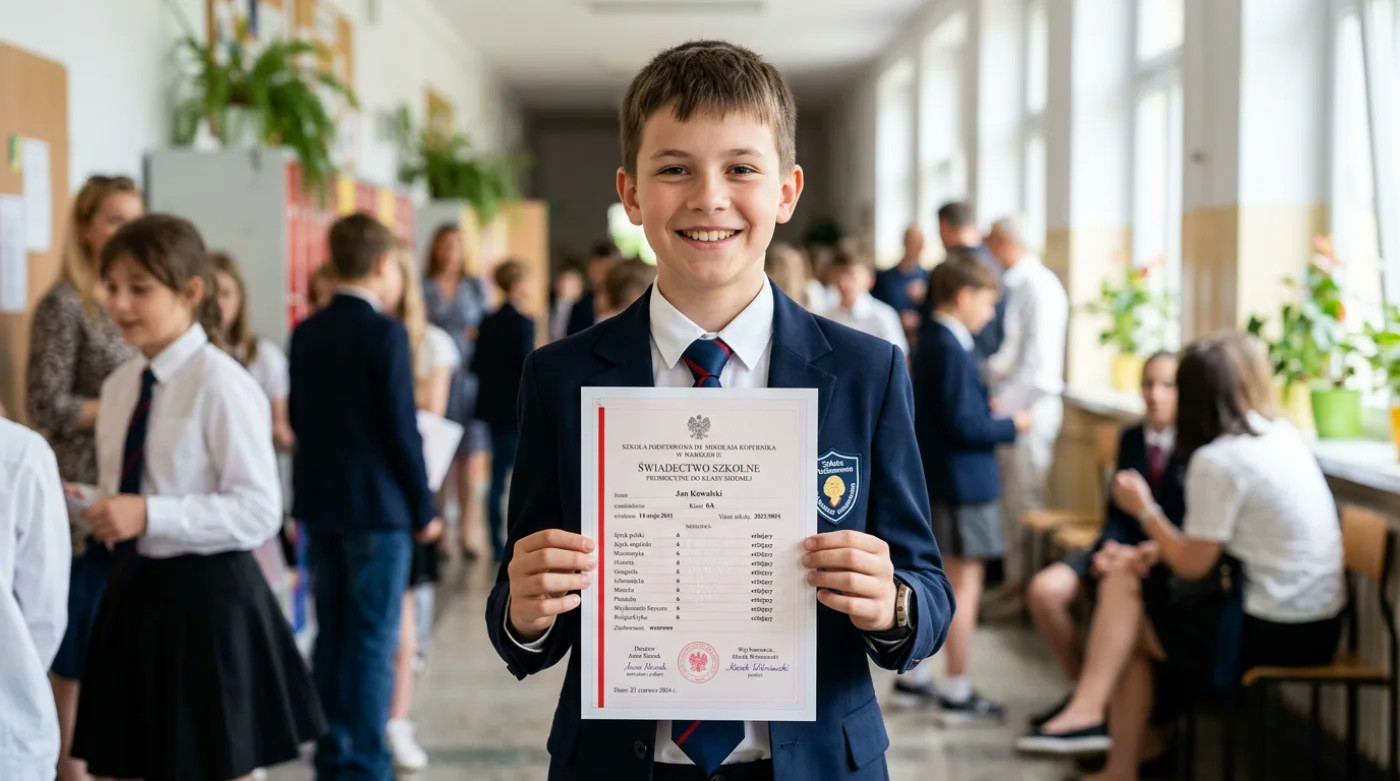 Uśmiechnięty uczeń trzyma w rękach świadectwo z doskonałymi wynikami z klasy szóstej.