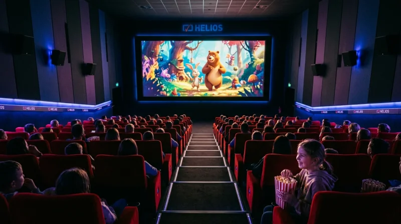 Widok z widowni kina Helios podczas seansu filmu animowanego o niedźwiedziu; ciemna sala kinowa z ekranem wyświetlającym kolorową scenę