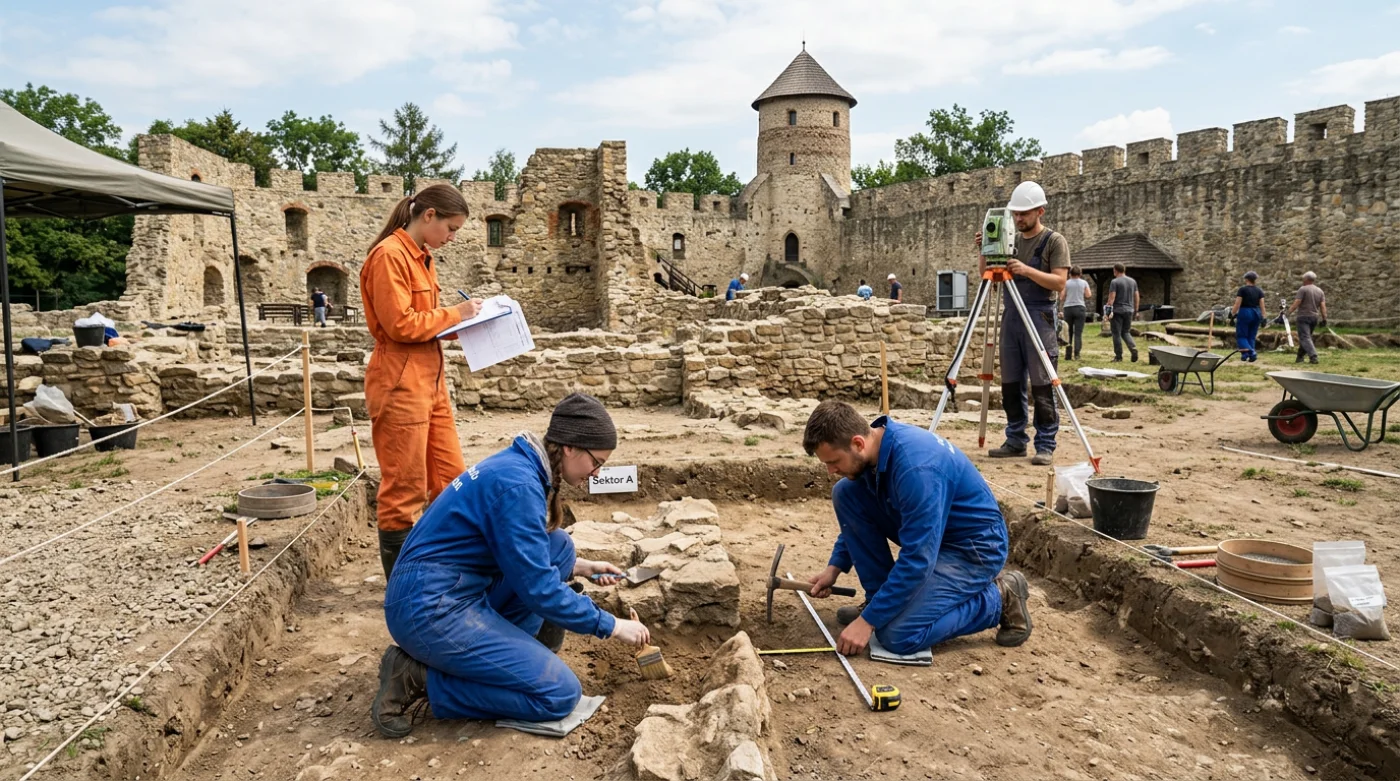 Archeolodzy przeprowadzają badania na stanowisku ruin zamku królewskiego w Nowym Sączu; widoczny jest teren wykopalisk i historyczne fundamenty