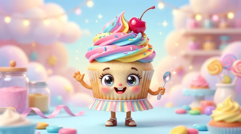Urocza mufinka z jedzącą miną i kolorowymi warstwami kremu, przedstawiona w stylu kreskówkowym na tle pastelowych chmur