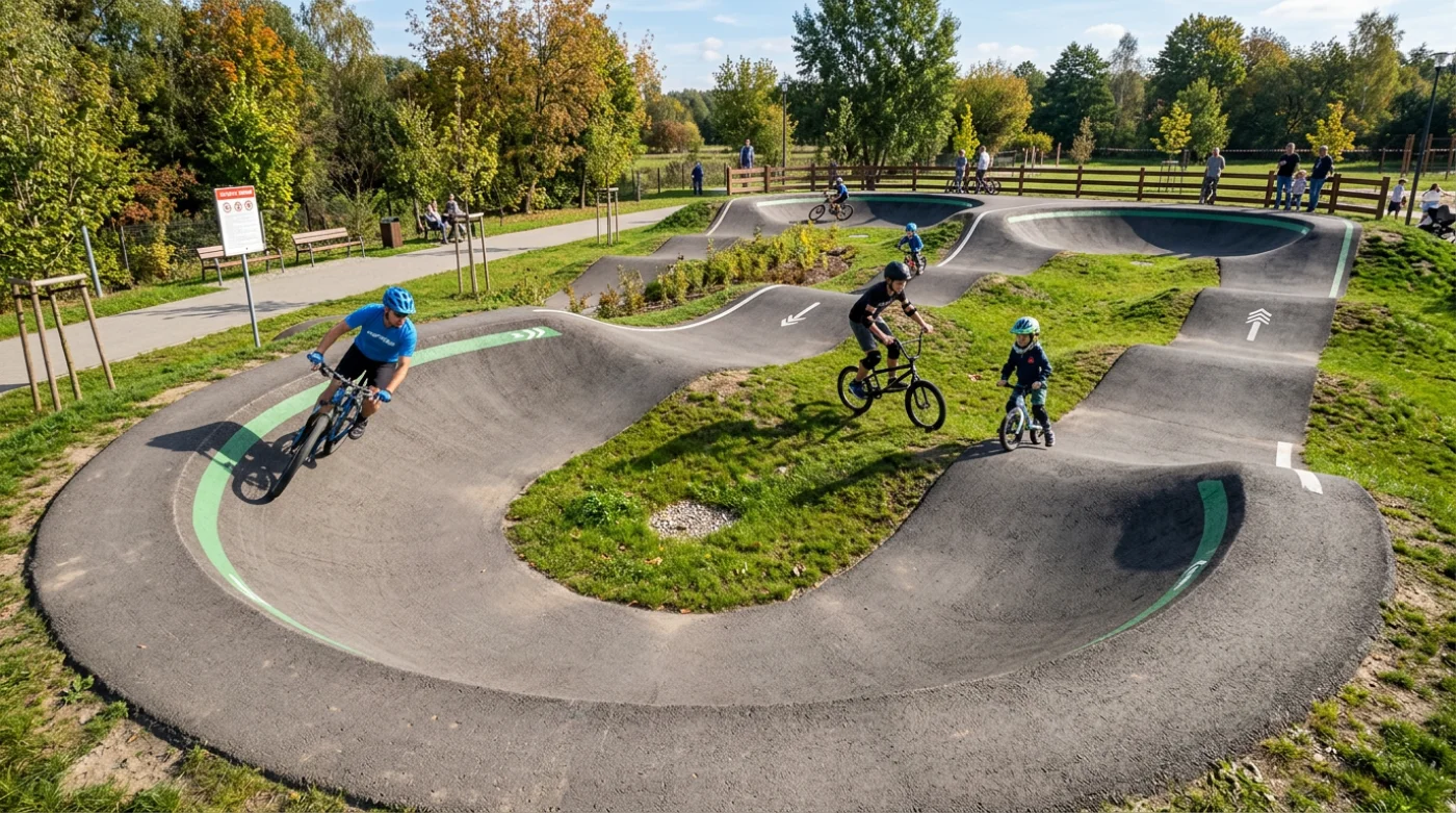 Betonowy pumptrack w gminie Ropa – trasa sportowo-rekreacyjna z elementami do jazdy na rowerze górskim i BMX.