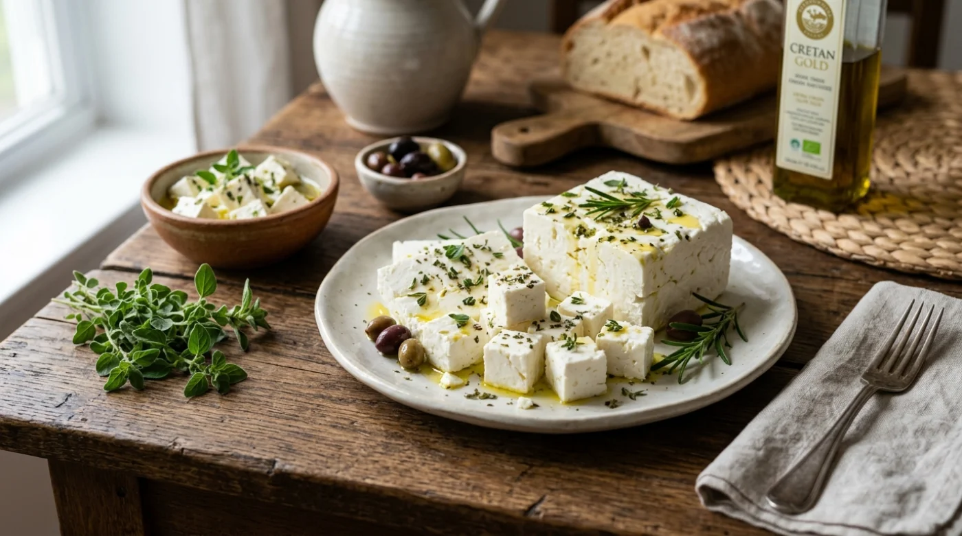 Talerz z kawałkami sera feta i oliwy na drewnianej desce