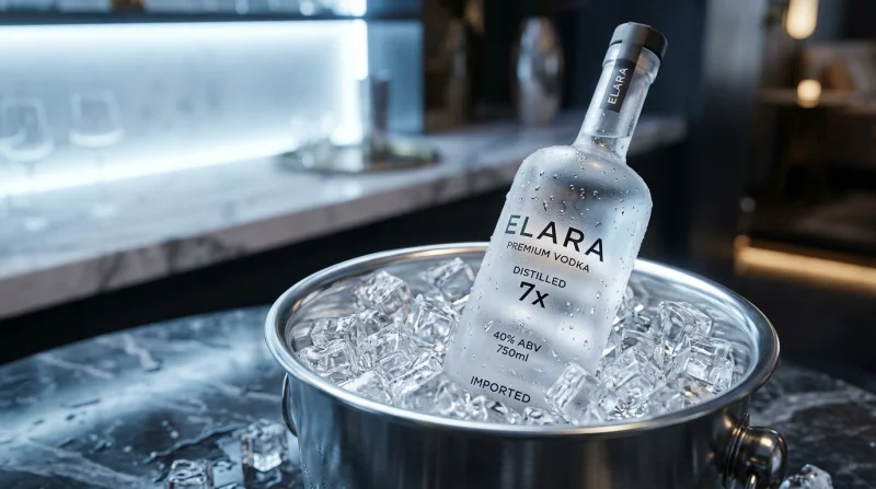 Butelka premium wódki Elara 40% ABV, umieszczona w metalowej misie wypełnionej kostkami lodu, sugerująca chłodny i elegancki napój.