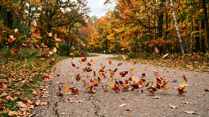 Jesienny park jesienią, gdzie liście są zamiatane przez wiatr na ścieżkę.