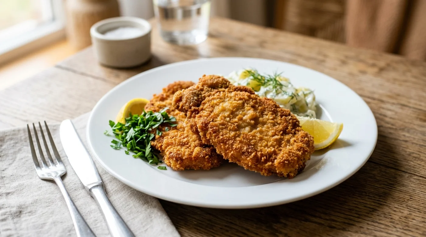 Brązowy panierowany kotlet na białym talerzu z dodatkami: świeżą natką pietruszki i plasterkiem cytryny.