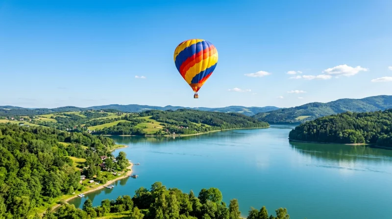 Wielobarwny balon latający nad spokojnym, dużym jeziorem otoczonym zielonymi pagórkowatymi wzgórzami.