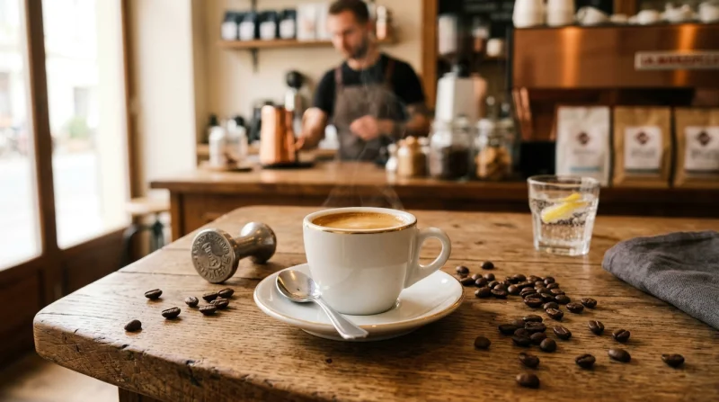 Kubek z aromatycznym espresso na drewnianym blacie w stylu rustic. Idealne ujęcie do bloga o kawie i kawiarniach.