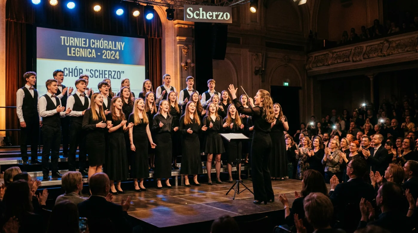 Zespół chóralny wykonujący „Scherzo” na scenie podczas koncertu w Legnicy, z publicznością w tle.