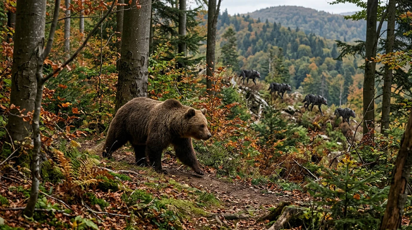 Dwa niedźwiedzie brunatne spacerujące po leśnej ścieżce w Bieszczadach.