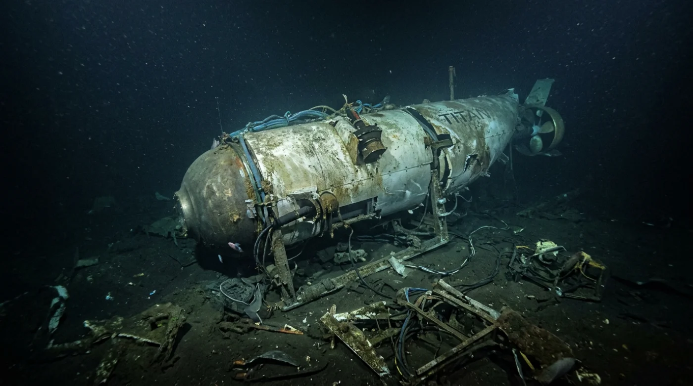 Zniszczony kadłub statku Titan na głębokości oceanicznej, otoczony ciemną wodą i osadami.