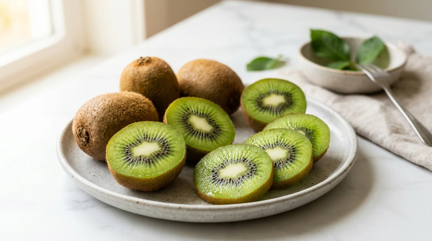 Miska pełna świeżo pokrojonych kiwi i całe owoce na białym blacie marmurowym.