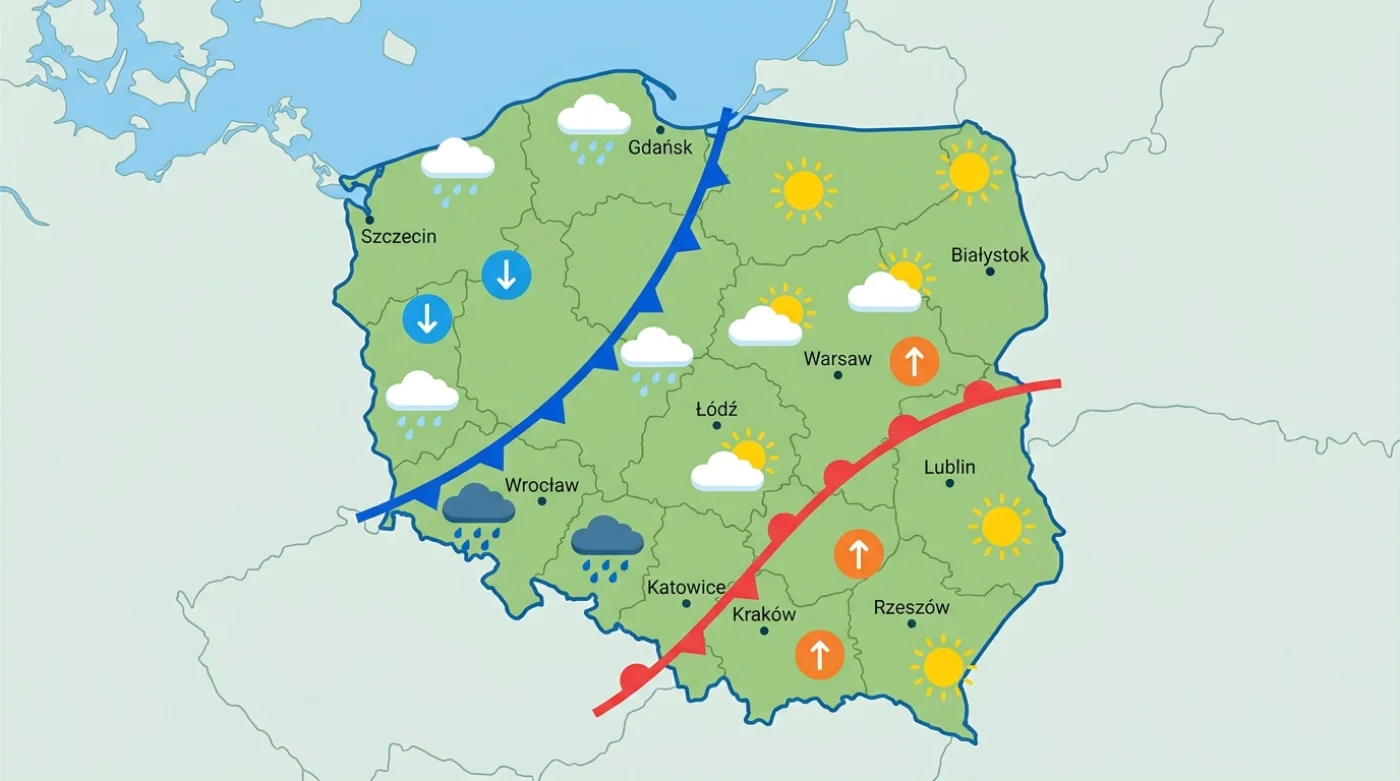 Mapa Polski z prognozą pogody na najbliższe dni, przedstawiająca różne symbole pogodowe i kierunki zmian.