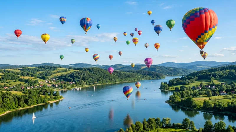Wielka grupa kolorowych balonów latających nad spokojnym jeziorem otoczonym zielonymi wzgórzami i lasami.