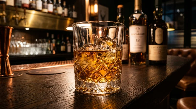 Szklanka wypełniona złocistym whisky na drewnianym barze w ciemnym wnętrzu pubu.