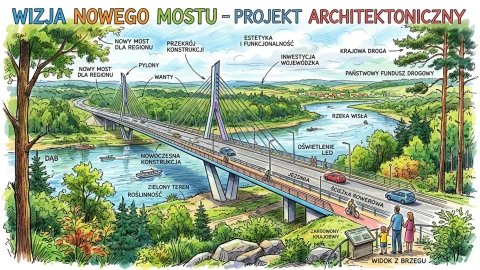 Szkic nowego mostu łączącego dwie strony rzeki, z wyraźnie zaznaczonymi ścieżkami dla pieszych i rowerów oraz elementami architektury.
