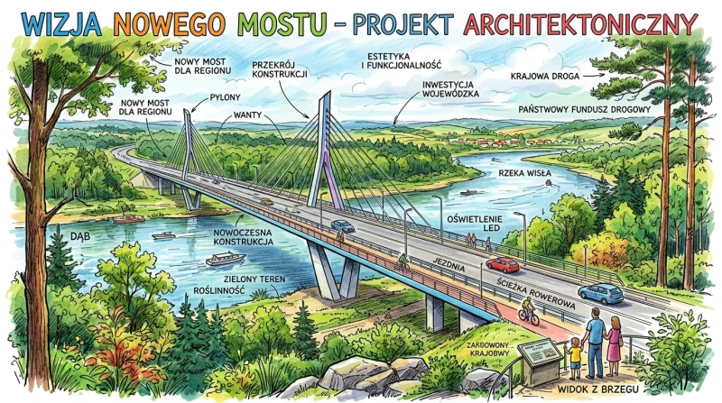 Szkic nowego mostu łączącego dwie strony rzeki, z wyraźnie zaznaczonymi ścieżkami dla pieszych i rowerów oraz elementami architektury.