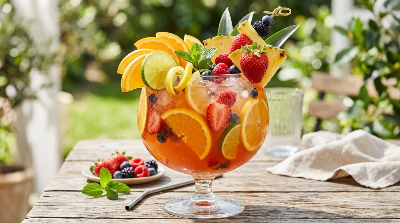 Kolorowy i świeży drink owocowy z plastrami cytrusów, malinami, truskawkami i innymi składnikami na drewnianym stole w otoczeniu zieleni.