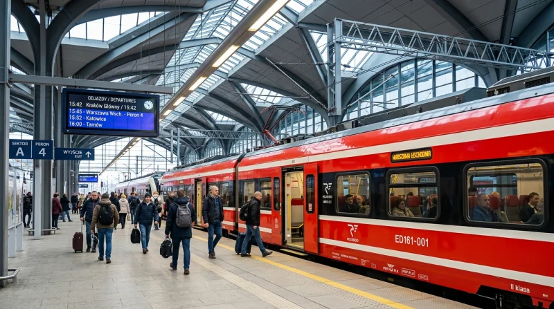 Nowoczesny pociąg pasażerski na stacji kolejowej, widoczna jest linia peronów i zegary informacyjne.