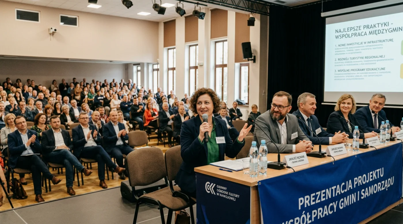 Spotkanie poświęcone współpracy gmin i samorządu w Gminnym Ośrodku Kultury w Nawojowej. Przedstawiciele różnych jednostek samorządu terytorialnego prezentują swoje doświadczenia, a publiczność aktywnie uczestniczy w wydarzeniu.