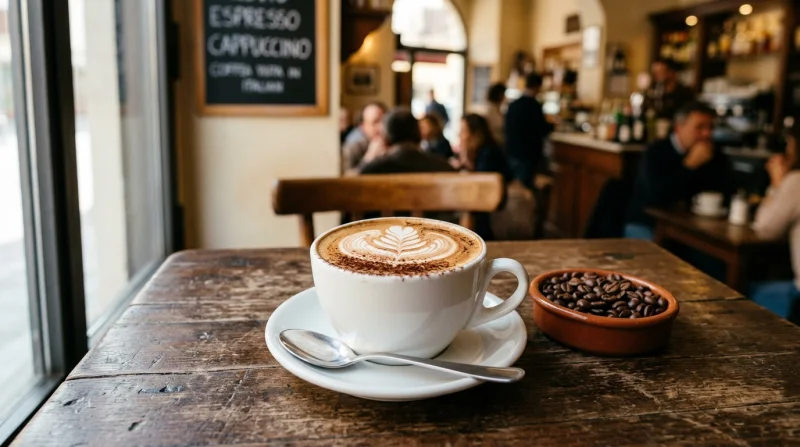 Kawa latte w białej filiżance na drewnianym stole z widokiem na kawiarnię