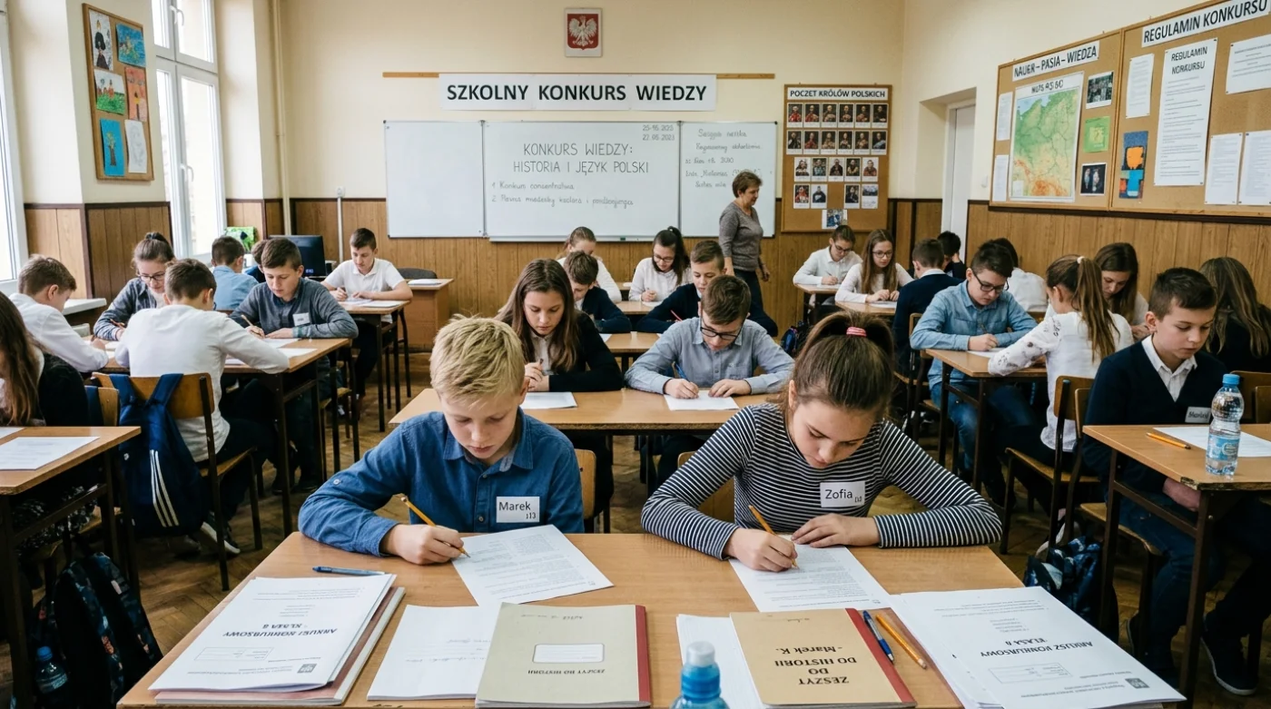 Uczniowie biorą udział w szkolnym konkursie wiedzy, siedząc przy stołach i rozwiązując zadania.