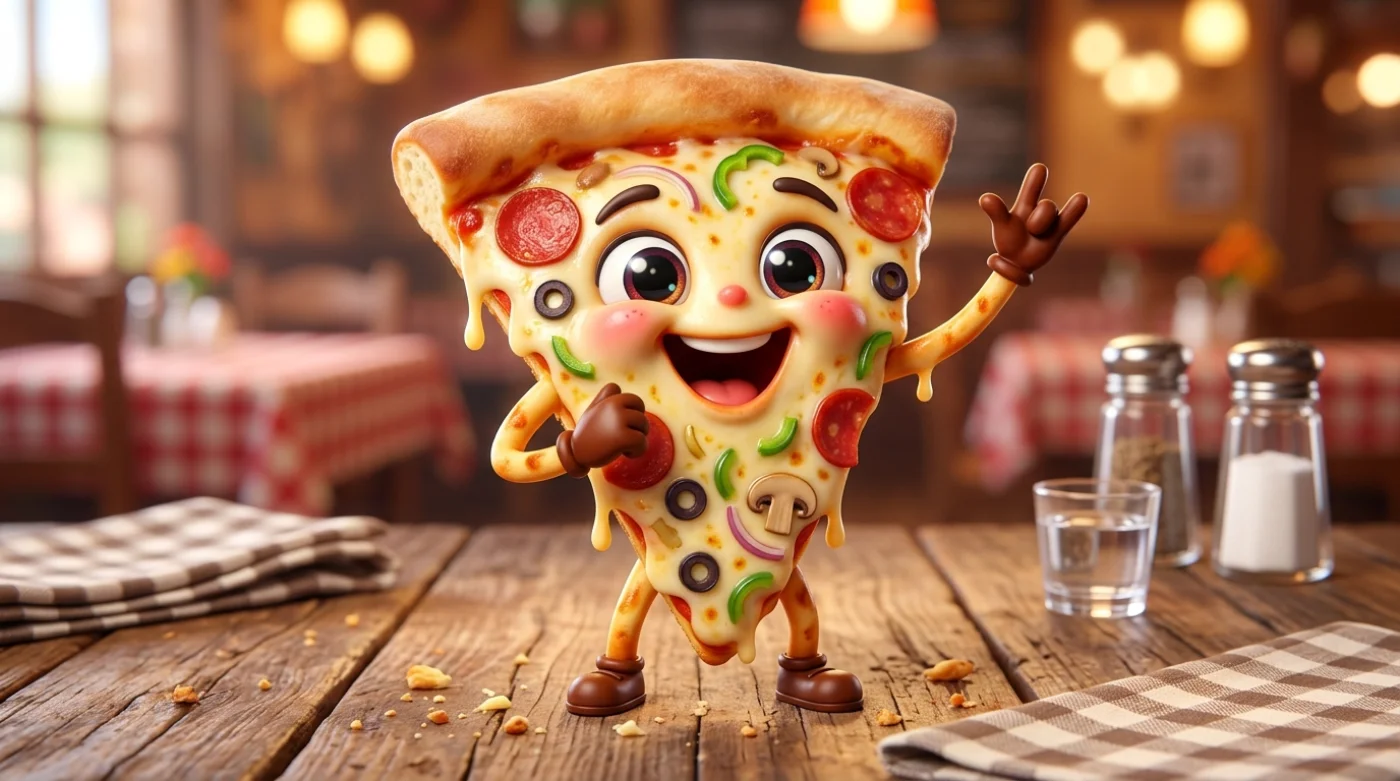 Komiksowa pizza z twarzą i oczami stoi na drewnianym stole, wyglądając jak uśmiechnięca się postać