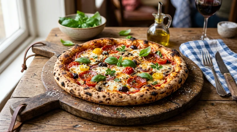 Aromatyczna pizza z warzywami i serem na drewnianej desce