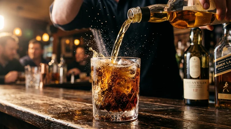 Zbliżenie na nalewanie bursztynowej whisky do szklanki z ciemnym, gazowanym napojem, tworząc efekt bąbelków.