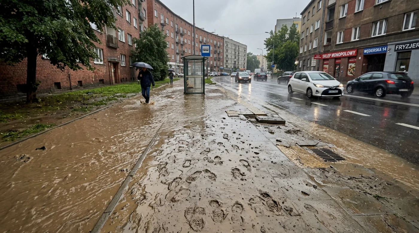 Zalany chodnik przy ulicy Węgierskiej