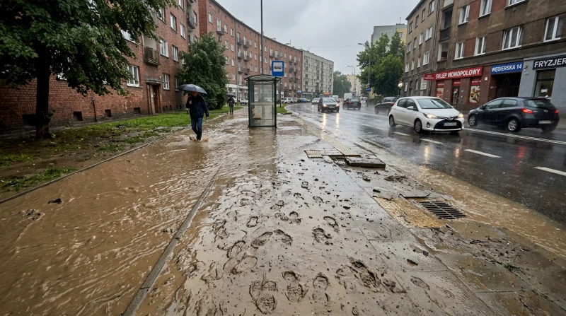 Zalany chodnik przy ulicy Węgierskiej