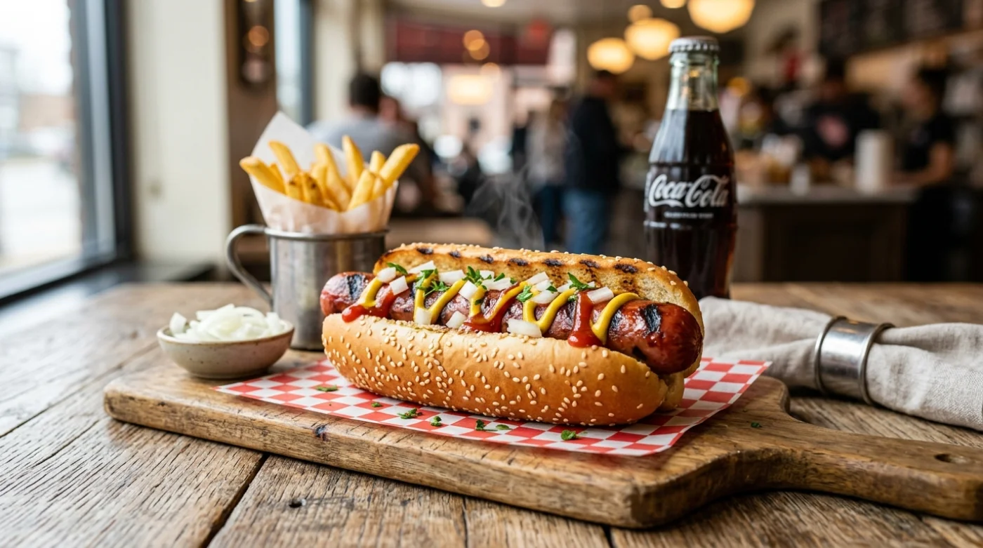 Duży hot dog z dodatkami na drewnianej desce, idealny jako szybki i sycący street food.