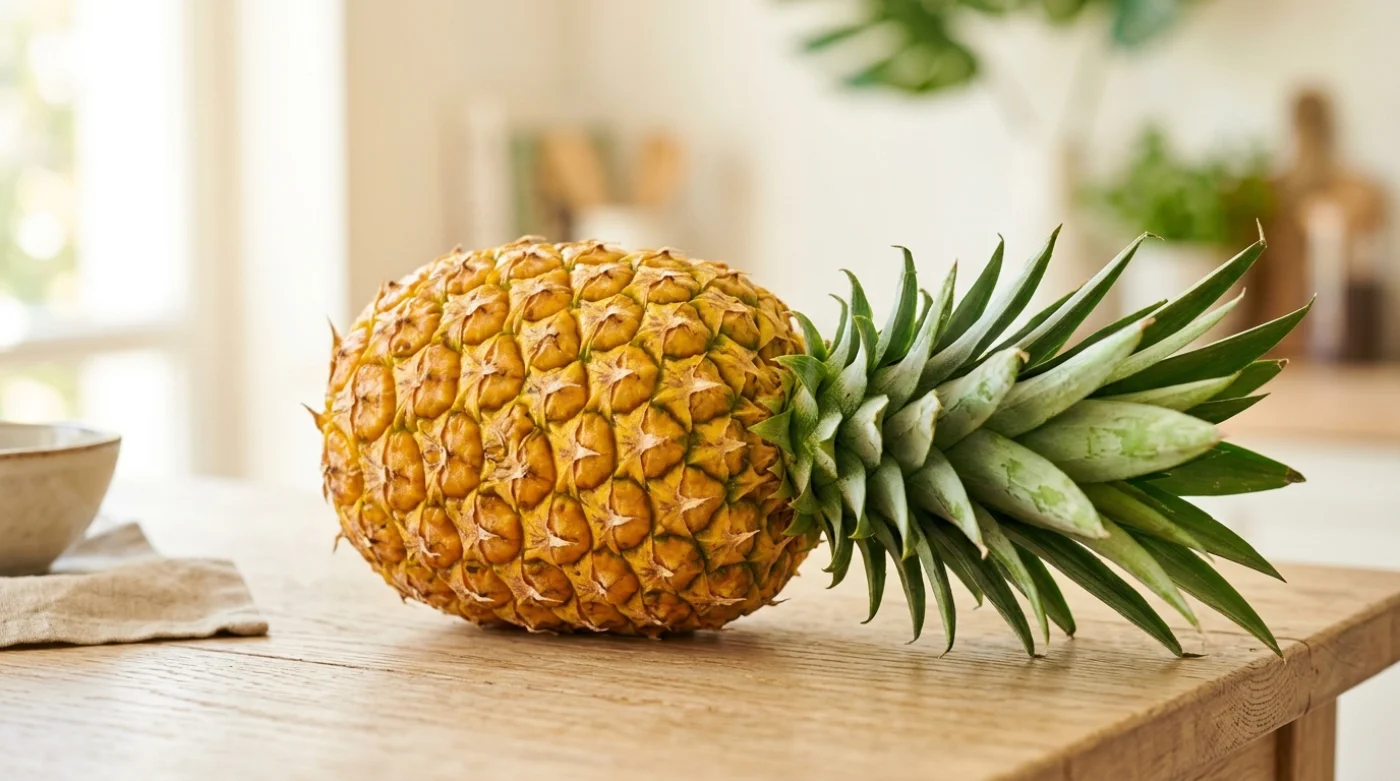 Zbliżenie na świeży ananas ułożony obok zielonych liści i łodyg, idealny do sałatek i deserów.