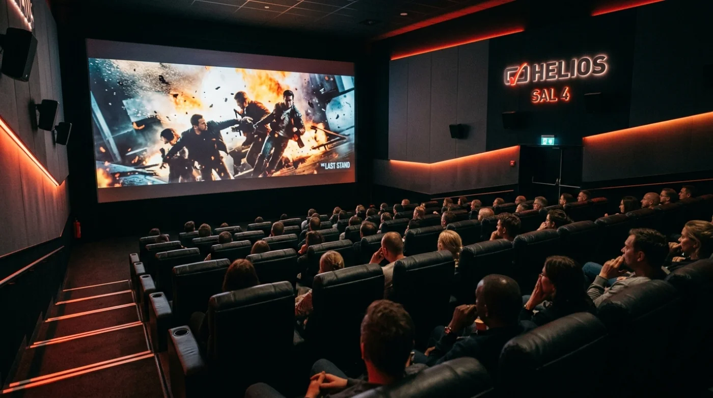 Widok z widowni na duży ekran projekcyjny podczas seansu filmowego w Kinie Helios. Na ekranie wyświetla się scena akcji z filmu, a publiczność zajmuje miejsca w ciemnej sali kinowej.